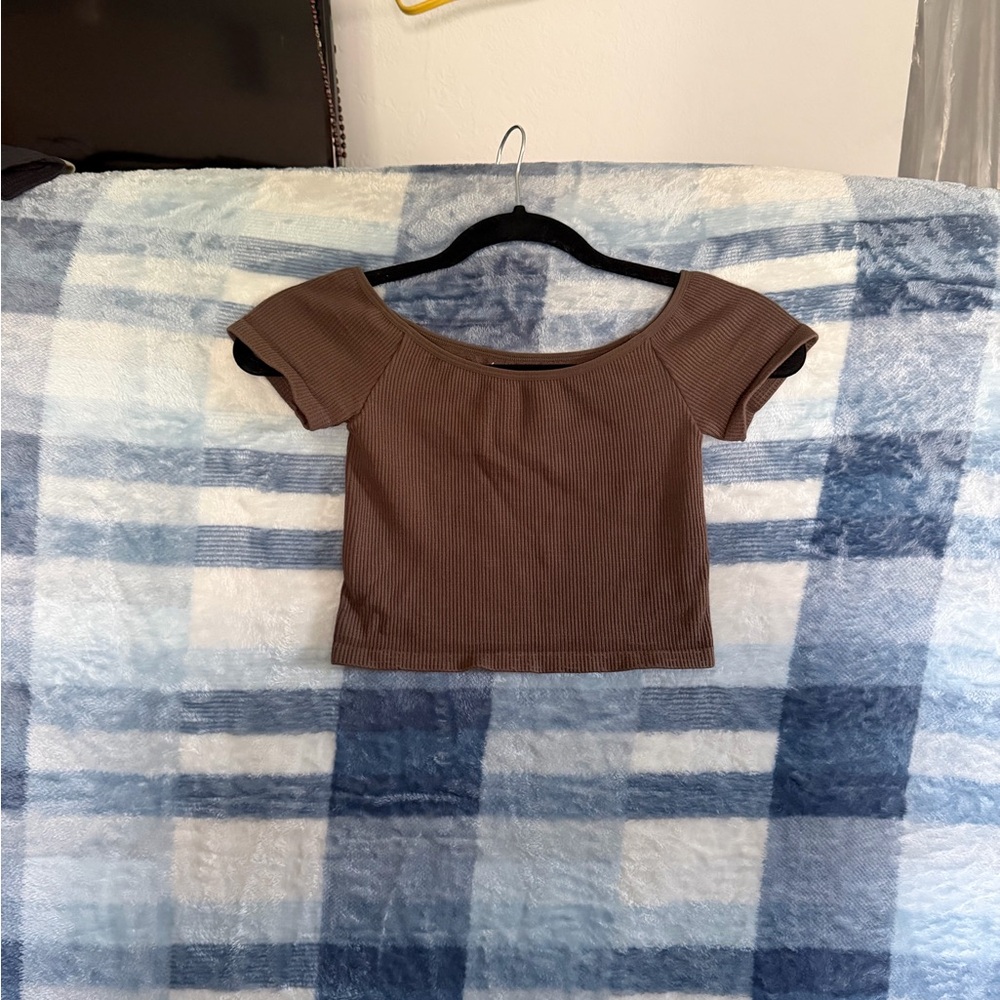 By Together Brown Ribbed Off-Shoulder Crop Top